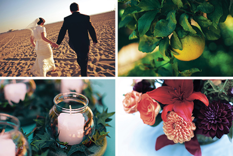 The bride and groom walk on the beach; lemons dangle from the trees; pink tea candles in glass jars; pink lilies and other bright flowers set the scene for this Los Angeles wedding