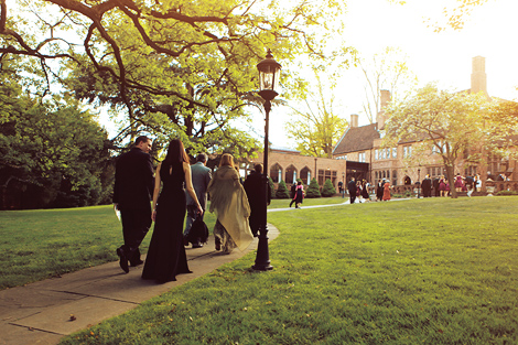 Guests walk to the ceremony at the Aldie Mansion for this fall wedding