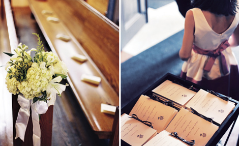 Flowers on the end of the pew and custom wedding programs personalize this wedding