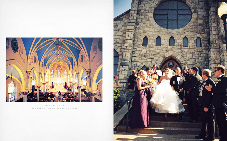 The bride and groom tie the knot at Our Lady of Good Counsel Church in Moorestown New Jersey, and descend the steps surrounded by the bridal party