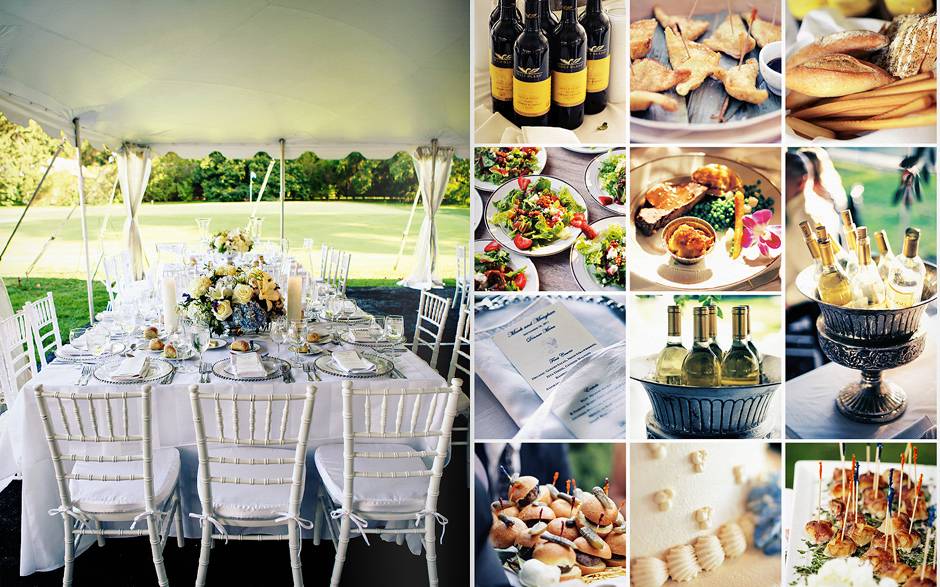 Wedding Details compliment this romantic tented wedding at the Moorestown Field Club; details include bottles of wine, strawberry salad, and appetizers