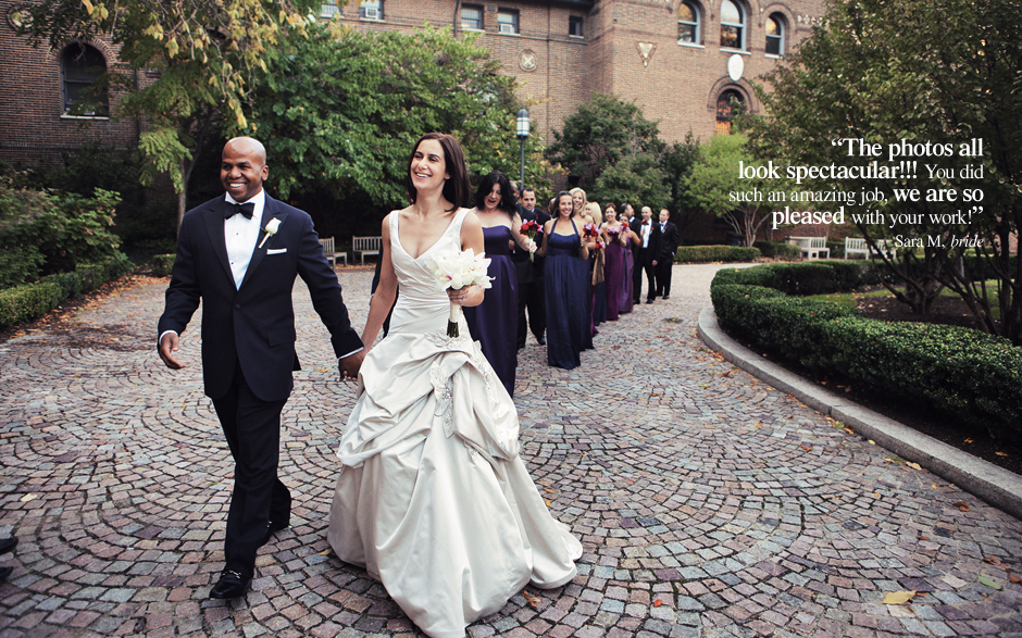The bride and groom walk to their ceremony at the Museum of Anthropology in Philadelphia, followed by their bridal party, wearing blue and purple gowns