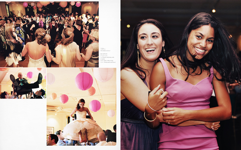 Friends and guests celebrate at a fun and colorful wedding party reception, with pink lanterns; the bride and guests are hoisted into the air on their chairs