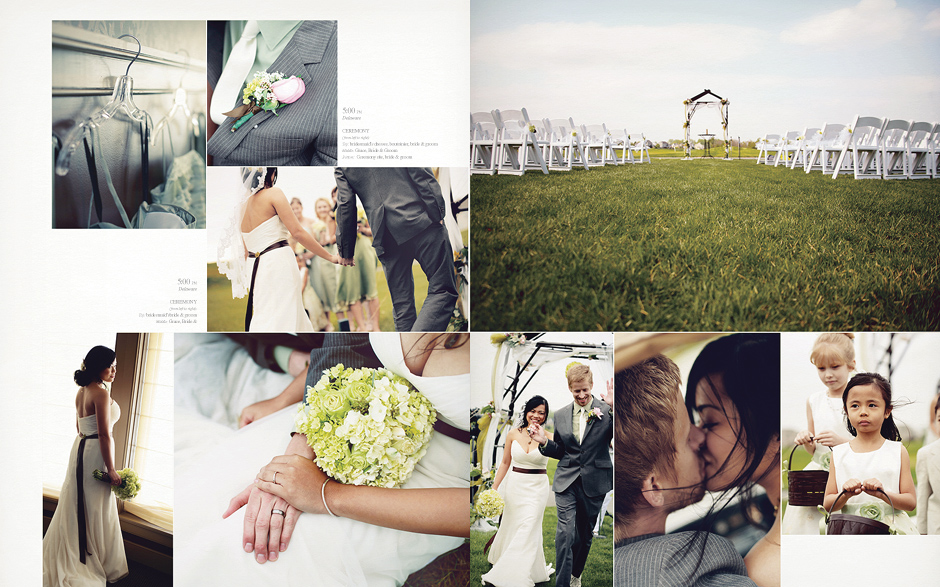 A magazine style designed album page with captions from a Delaware country club wedding near a lake and golf course. The outdoor wedding was filled with beautiful details such as a hand carved wedding arch, gray pin striped suits and converse shoes and argyle socks. The bride waits by the window before seeing the groom, they kiss in the golf cart, they hold hands, and the flower girls carry their baskets. Dresses hang on the mantle in the bride's room and the ceremony is set up outside awaiting guests.