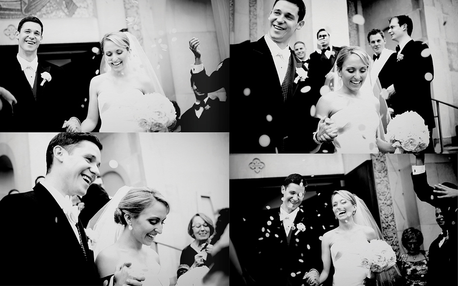 Black and white album page design with 4 photos of the bride and groom exiting down the steps of the Ukrainian Catholic Cathedral of the Immaculate Conception in Philadelphia as guests and bridal party toss confetti.