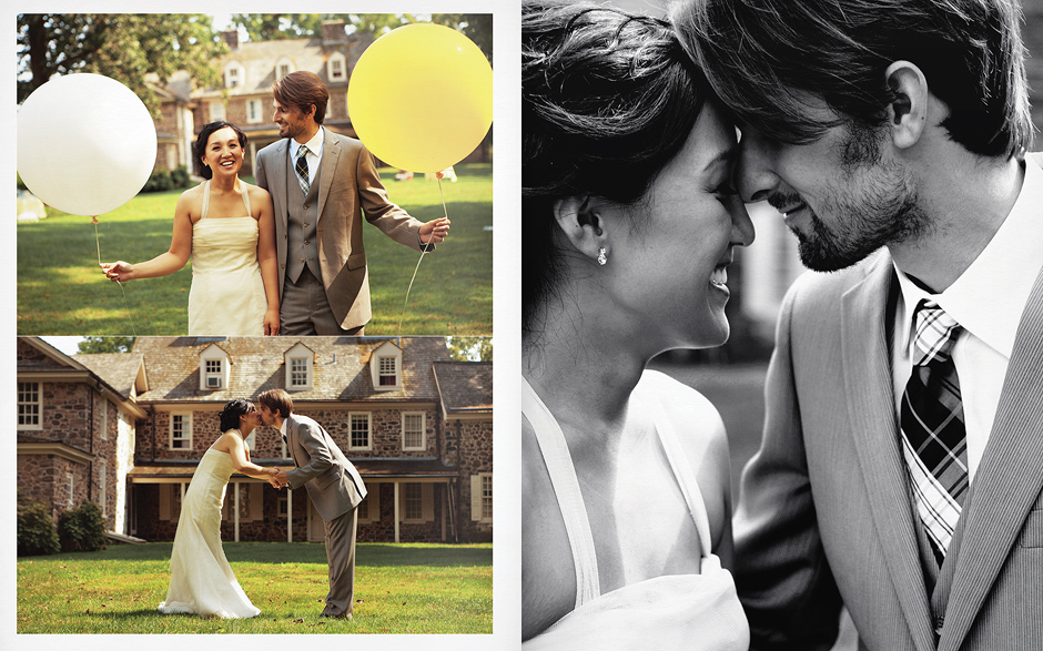 Fun outdoor wedding photos of a couple in Pennsylvania holding a white and yellow balloon in front of an old stone house. Black and white photo of the couple and the groom wears a tartan tie. The couple leans in holding hands to kiss. The bride wears a Vera Wang Atelier.