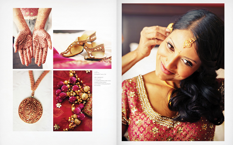 The bride prepares for her Indian wedding, wearing a beautiful pink sari with gold embroidery; henna, a medalion, and sparkly gold shoes complete the look