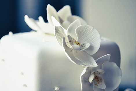 This elegant wedding cake is adorned with white orchids