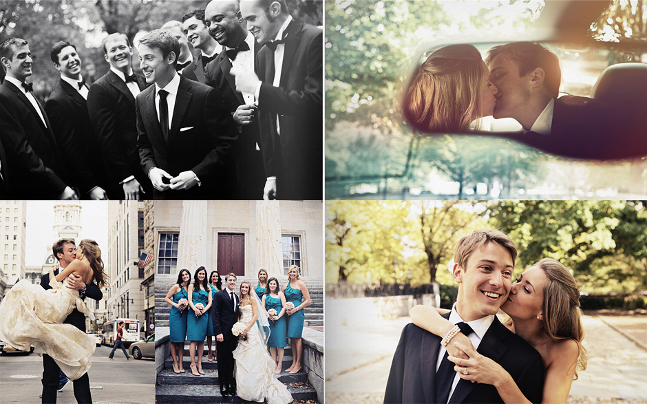 The groom is surrounded by his close friends and groomsmen, all wearing tuxedos; the bride and groom's reflection in a rearview mirror; the bride and groom kiss in front of city hall in Philadelphia; the bridal party poses on the steps of the bank building in Philadelphia