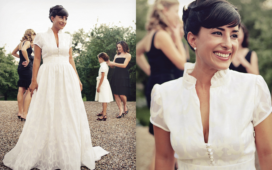 The bride is beautiful in a vintage collared white wedding gown before her ceremony in Austin, Texas