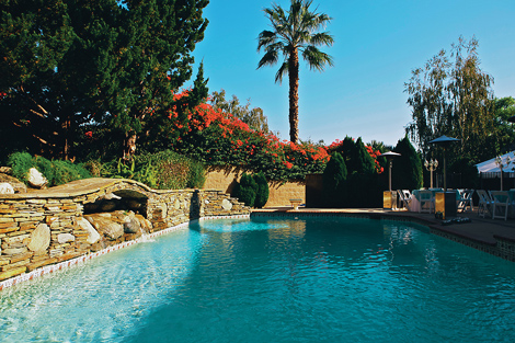 A beautiful pool surrounded by stone walls, flowers, and palm trees, sets the scene for this beautiful and sunny Los Angeles wedding