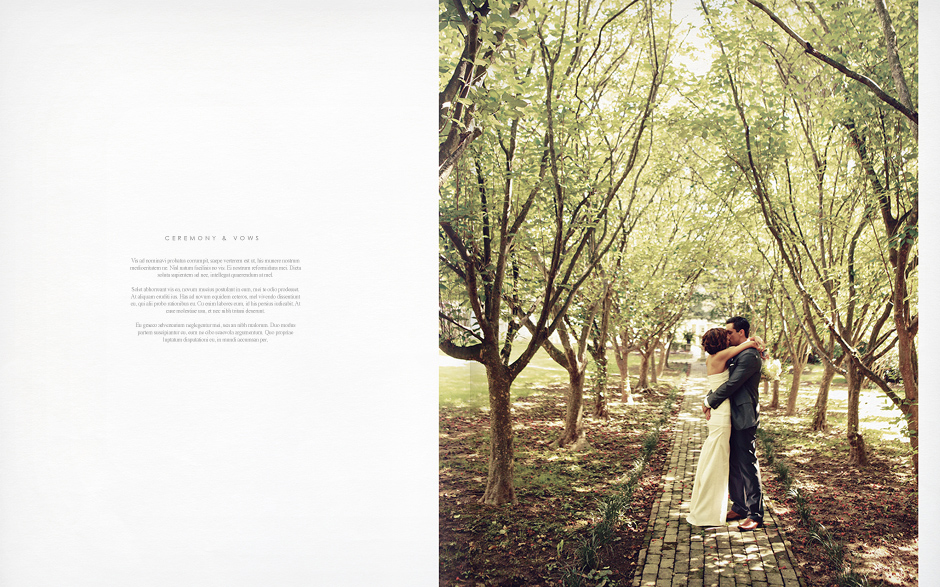 Vows and the bride and groom kissing amongst the trees on a brick path at Appleford Estate, wedding photography by Peter Van Beever