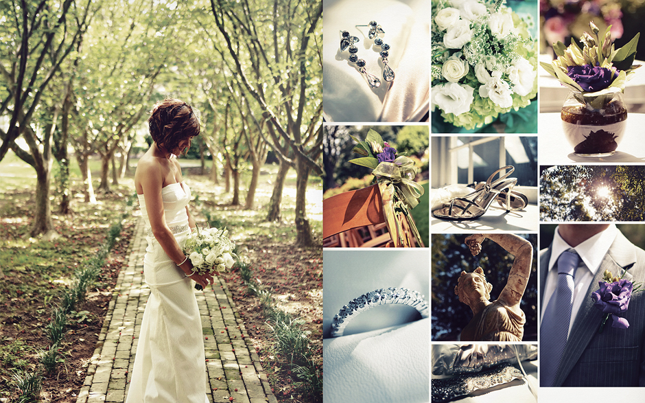 The bride poses for beautiful summer portraits in her wedding gown at Appleford Estate in Villanova, accompanied by her diamond earrings, flower bouquet, silver shoes, statues and a diamond wedding band, wedding photography by Peter Van Beever