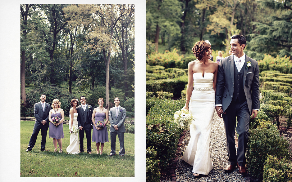 The bridal party, wearing purple dresses and gray suits, pose for a group shot after the wedding ceremony, and the bride and groom walk holding hands at Appleford Estate in Villanova, photography by Peter Van Beever