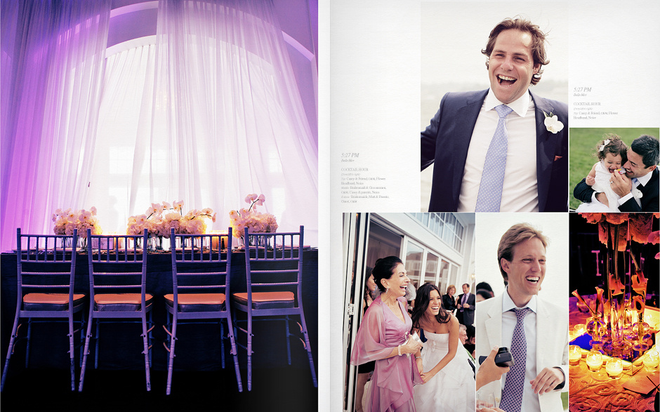 Beautiful purple lighting and curtains, along with white orchids help set the mood at the wedding at the Belle Mer in Newport Rhode Island, while guests celebrate, laugh, and enjoy cocktail hour