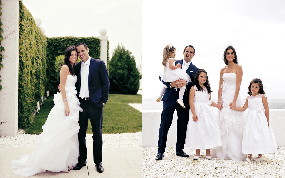 The bride and groom pose for a photo after their outdoor summer wedding ceremony at the Belle Mer in Newport Rhode Island; the bride and groom pose with three flower girls by the beach, all dressed in white