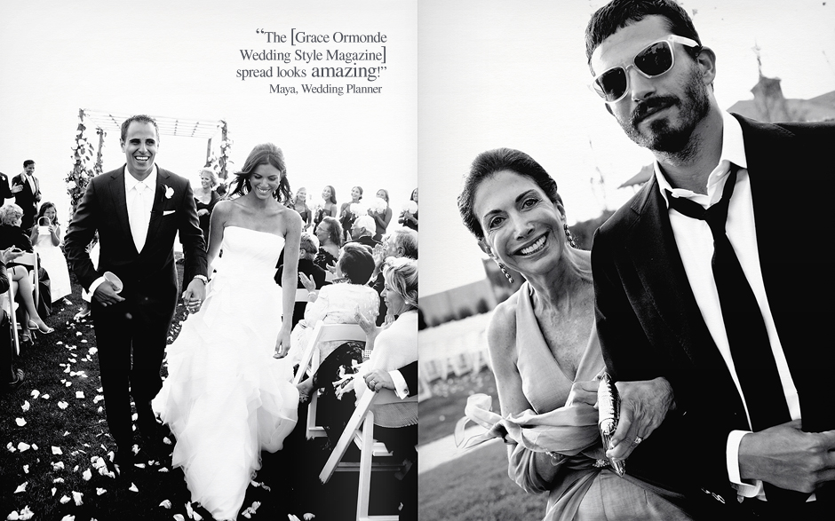 The bride and groom walk up the aisle after their outdoor wedding ceremony at the Belle Mer in Newport Rhode Island; guests smile as well on the beautiful day, photographed by Peter Van Beever