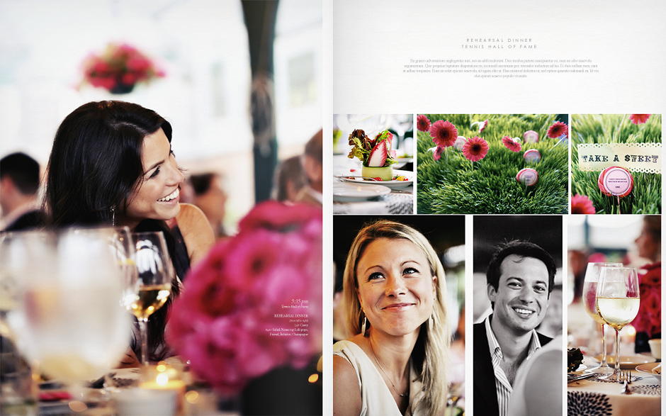 The bride smiles at her summer evening wedding rehearsal dinner at the the Tennis Hall of Fame in Newport Rhode Island, surrounded by guests, and their unique wedding decor, including appetizers, lolipop name tags and flowers, wedding photographer Peter Van Beever