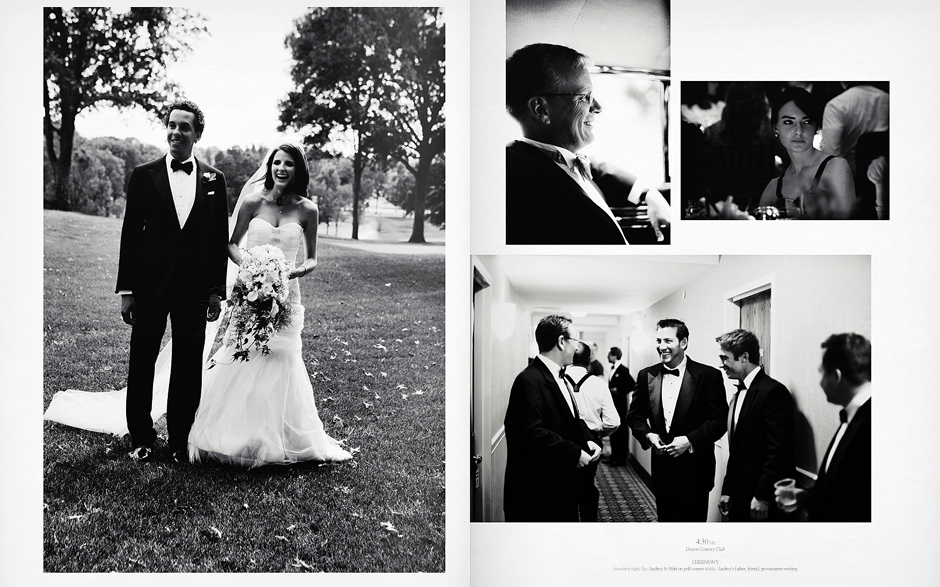 The bride and groom laugh on the golf course before the ceremony; guests look on the celebration