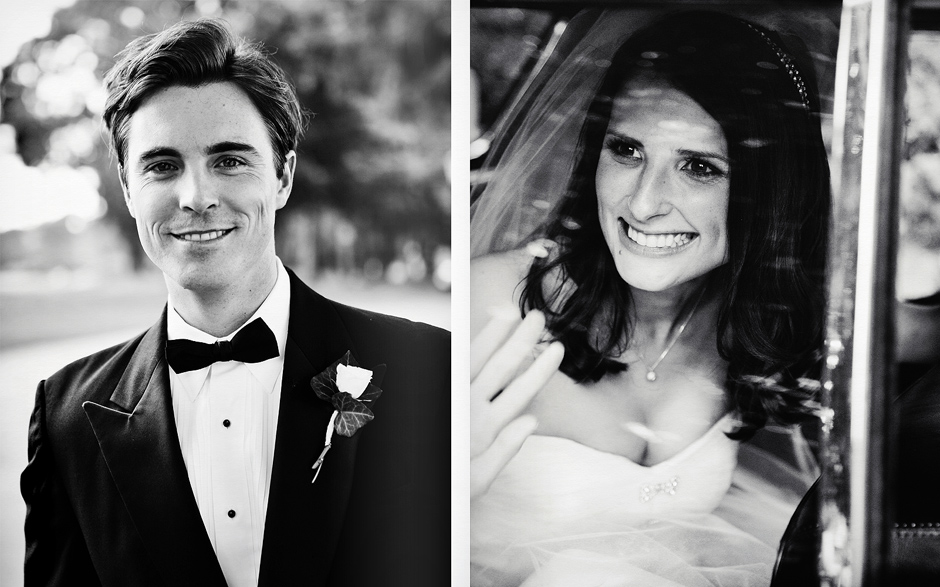 A groomsman poses for a portrait; the bride is all smiles on her wedding day