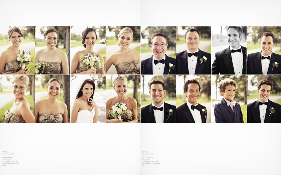 The bridal party poses for portraits; the bridesmaids wear brown and gold cocktail dresses and the groomsmen wear tuxedos