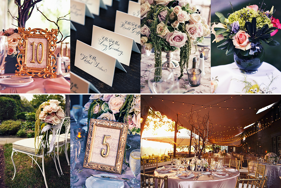 Elegant gold frames hold the table numbers, and beautiful pink roses add cohesion to this Greenville Country Club Wedding