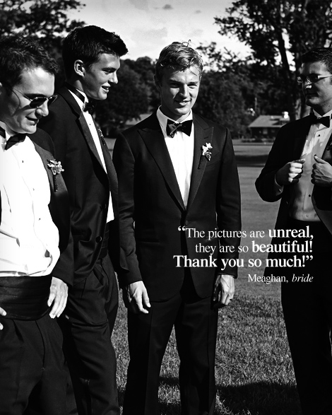 The groomsmen, wearing tuxedos, wait on the golf course before the wedding ceremony