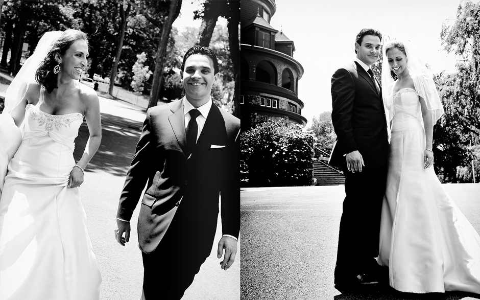 The bride and groom walk and pose for photos before their wedding ceremony at the Baldwin School in Pennsylvania