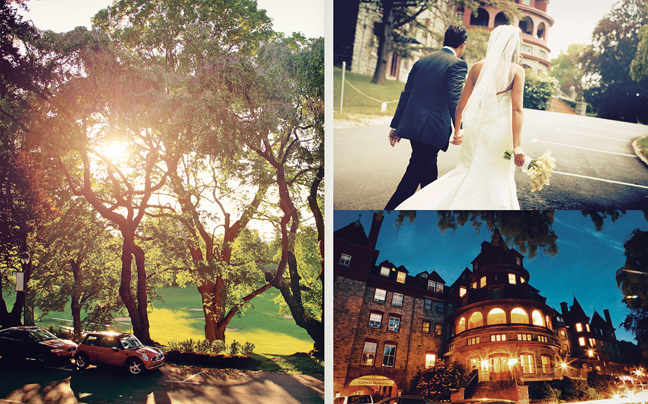 The sun illuminates a beautiful summer day; the bride and groom walk to the Baldwin School in Pennsylvania for their wedding ceremony