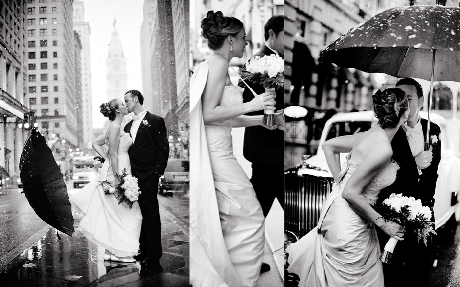 Bride and groom kiss on Broad Street in Philadelphia as it snows on their wedding day