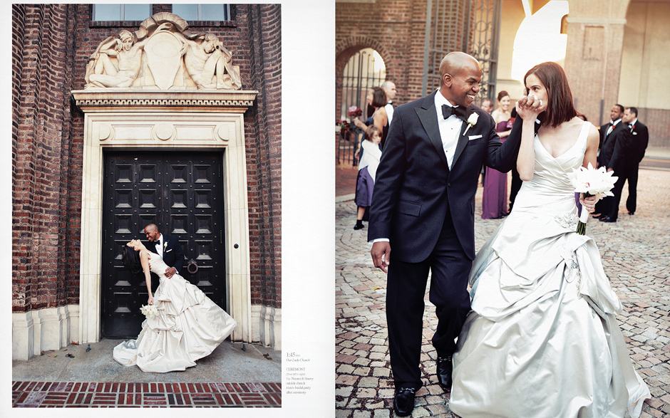 The groom dips the bride in front of a grand doorway at the Penn Museum of Anthropology in Philadelphia; the bride kisses the groom's hand