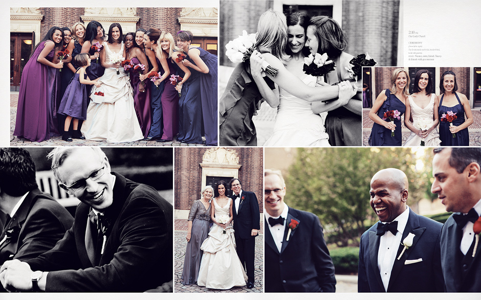 Bridal party in varying shades of purple gowns smile outside the Museum of Anthropology, a guest smiles, the bride poses with her parents, and friends, and the groom laughs, before their Philadelphia wedding