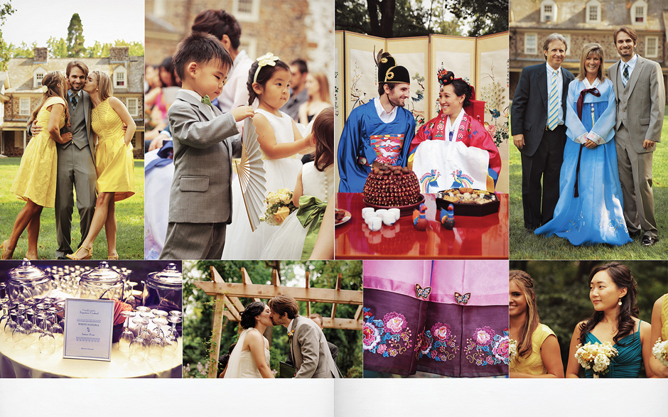 Beautiful and colorful wedding with custom made yellow bridesmaids dresses, bamboo paper fans, dates and figs, and jars and glasses at cocktail hour. The bride and groom kiss at the alter, the modther wears a blue traditional Korean wedding dress. Ther bride wears a Vera Wang Atelier.