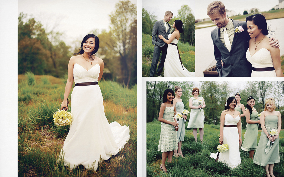 An elegant wedding album page design with photos by Peter Van Beever. The groom with his beautiful Filipino bride in an elegant dress with a satin brown sash walk near the lake at their country club wedding in Delaware. The bridesmaids pose with the bride in a scattered less formal pose.