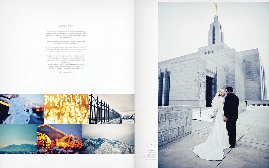 Winter Utah wedding in the mountains with a romantic feel and beautiful christmas lights at the glass green house at Le Jardrin. A bride and groom hold hands in front of the temple after their ceremony.