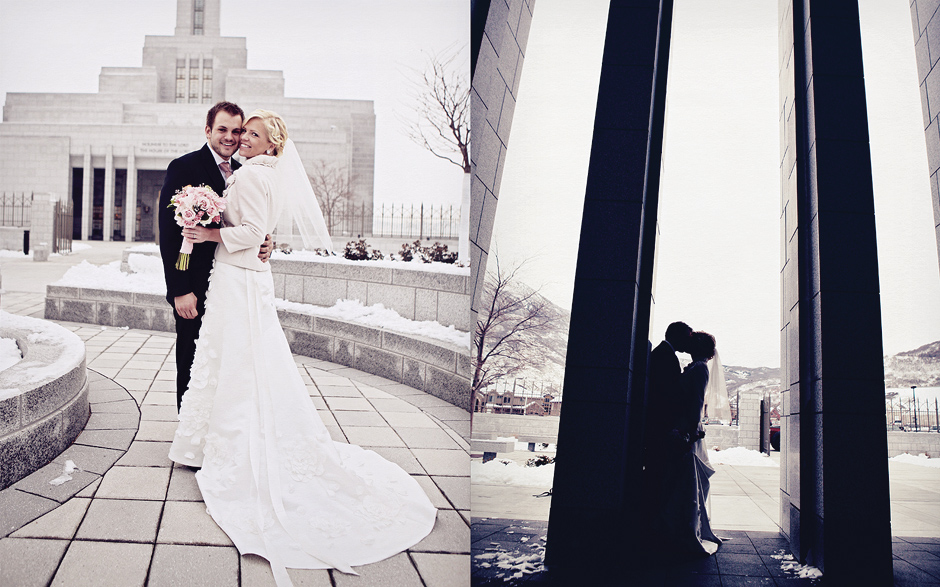 Outdoor winter wedding in the Utah mountains with posed bride and groom portraits. The bride wears a white veil and holds a bouquet of pink roses. The kiss between the columns in a silhouette photo by Peter Van Beever.