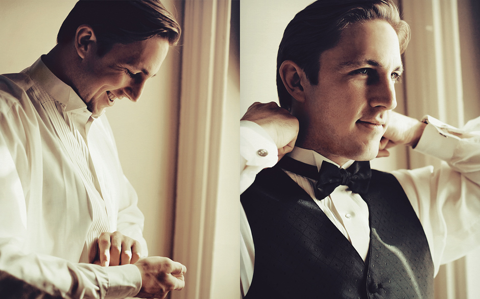 The groom gets ready before the outdoor evening wedding ceremony at the Pen Ryn Mansion in Pennsylvania