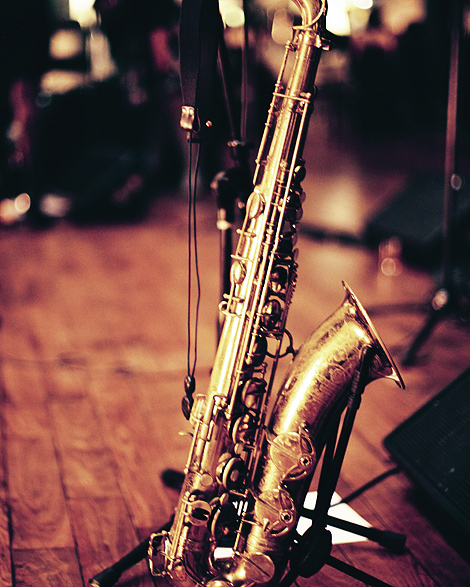 The band's saxaphone waits for the wedding reception at the State Room in Boston to start