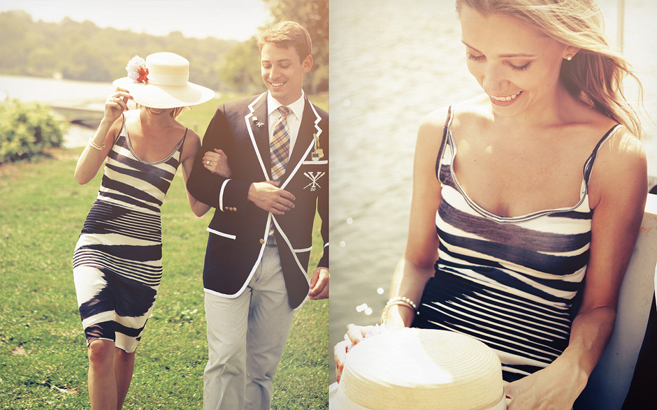 Wearing classic Ralph Lauren-style clothing, this couple walks along the river in Philadelphia on a sunny day